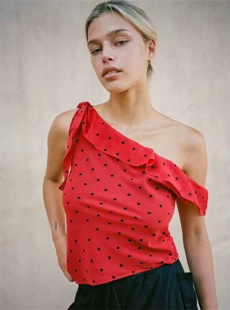 

Susan French Sle Silk Polka Dot Красный жилет с открытыми плечами Женская верхняя одежда ort Length с кружевной отделкой Жилет из настоящего шелка Топ