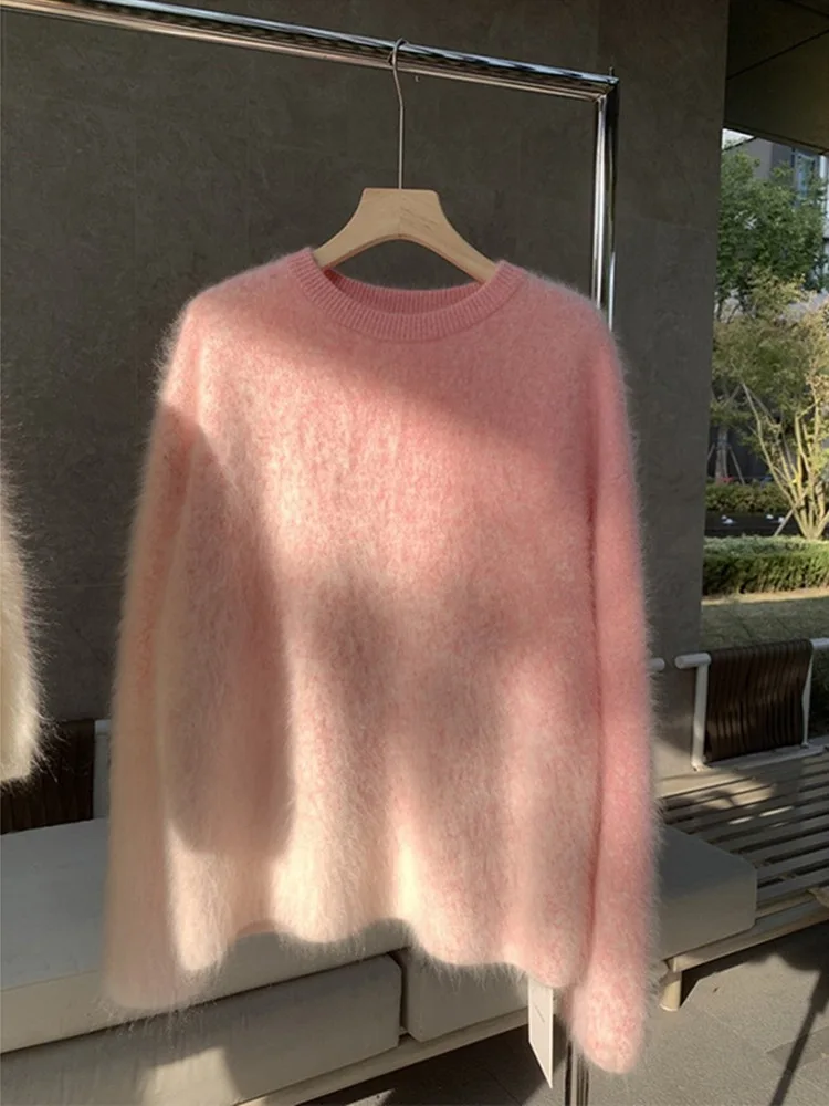 

Gentle Soft Gradient Pink Mink Fur For Women In Autumn Winter, Thickened And High-End Milk Fufu Knitted Sweater Top