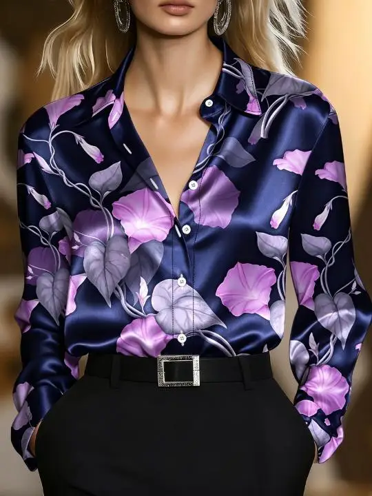 Women White Silver Wavy Line Print Lapel Long Sleeve Shirt Elegant Office Button Down Daily Fashion Blouse Tops view 2