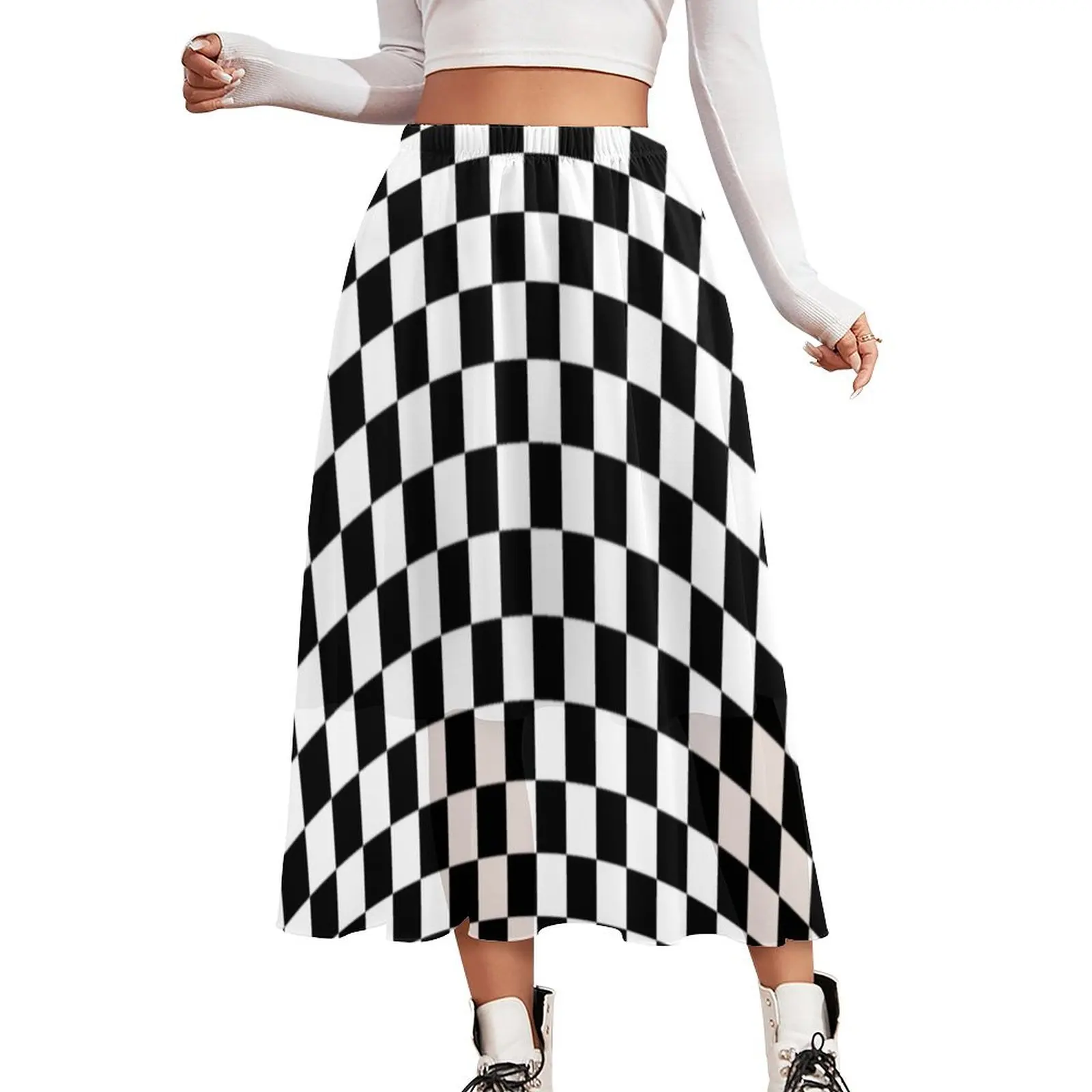 Vintage Plaid Skirt Women Black White Checkered Beach Long Skirts Print Elastic Waist Aesthetic Casual Skirt 2XL 3XL 4XL