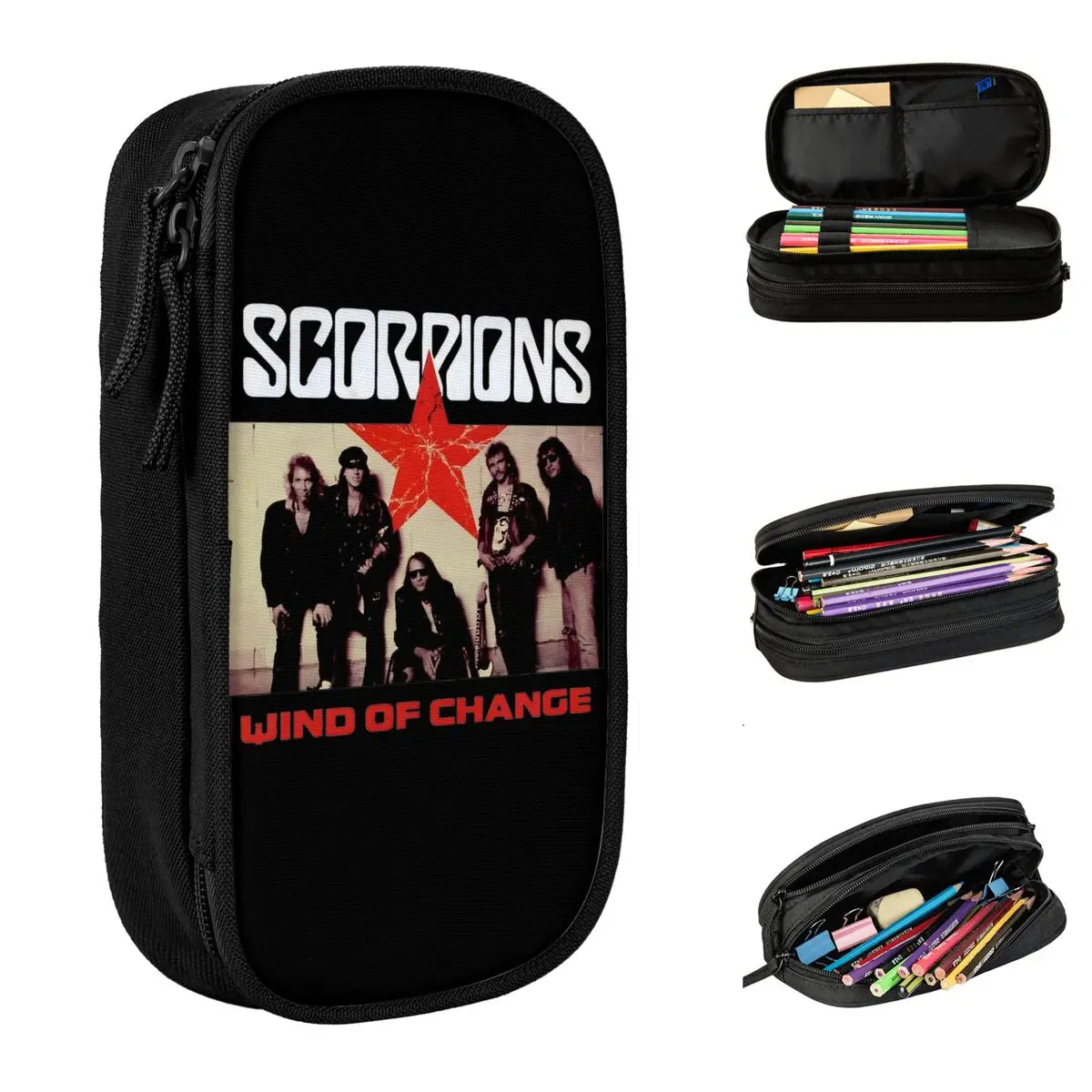 Large Capacity Pen Box Wind Of Change Scorpions Rock Band Office Supplies Double Layer Pencilcase Women Make Up Bag Suprise Gift