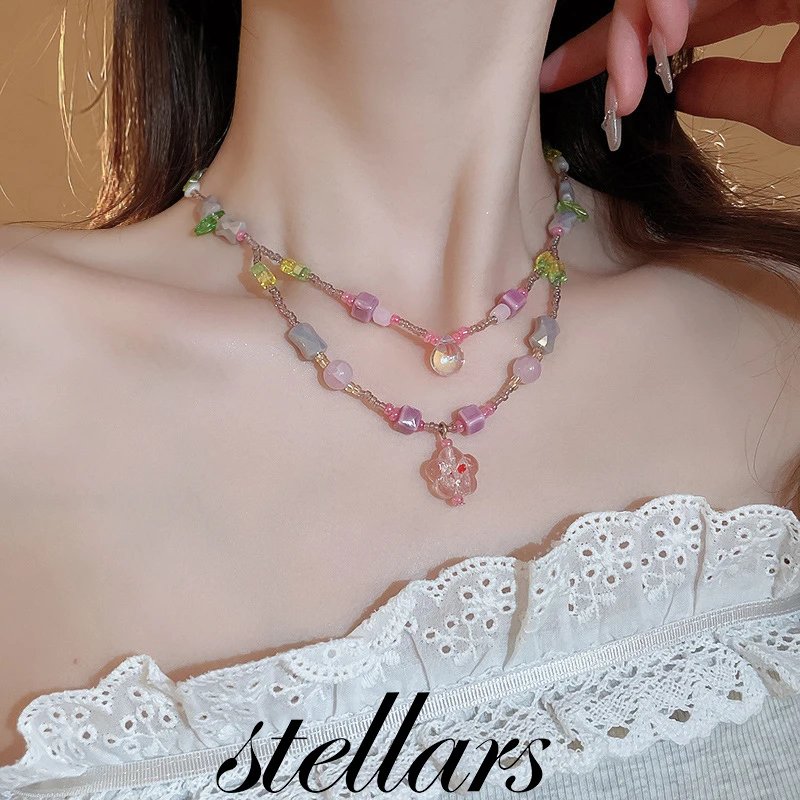 

Fresh Style Unique Design Beaded Necklace Dopamine Color Colored Glass Flower Chain-Gentle Sweet Double-Layer Collarbone Jewelry