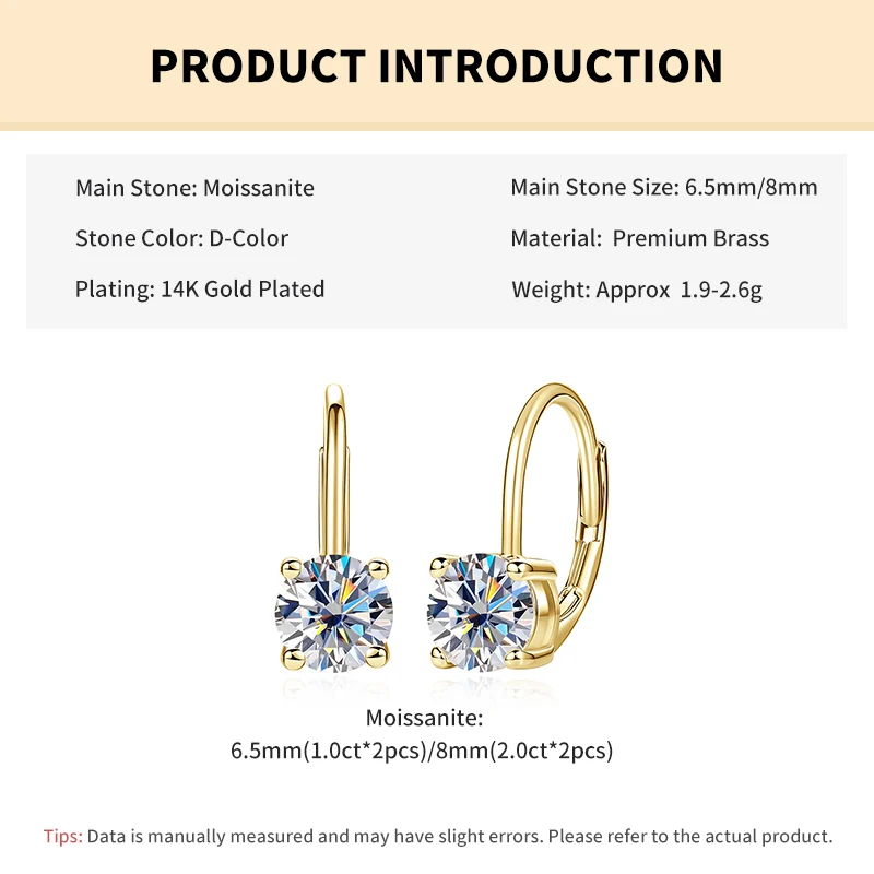 Rrjzz Solitaire 6,5 mm 8 mm Moissanit-Verlobungs-Clip-Ohrringe für Damen, 1 Karat, 2 Karat, Vier-Krallen-Ohrringe mit Hebelverschluss, Schmuckgeschenke – Detail 1