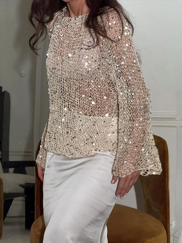 

Тканый пуловер с блестками, топ с вырезами, вязаный свободный солнцезащитный крем на одно плечо, трикотаж с круглым вырезом, светская футболка, халат