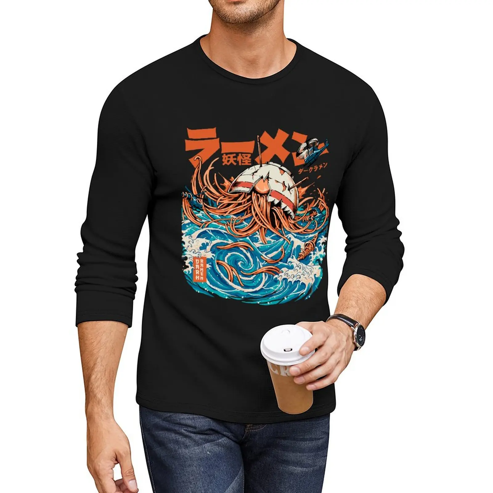 

Black Dark Great Ramen off Kanagawa Long T-Shirt new edition t shirt anime vintage t shirt heavyweight t shirts for men