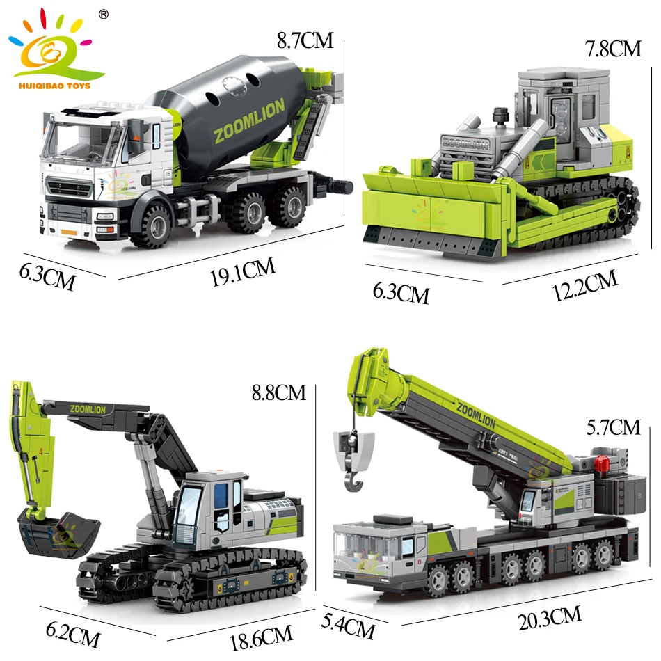 HUIQIBAO TOYS Engineering Truck Building Blocks Crane Bulldozer Excavator Car City Construction MOC Bricks Set For Children Kids