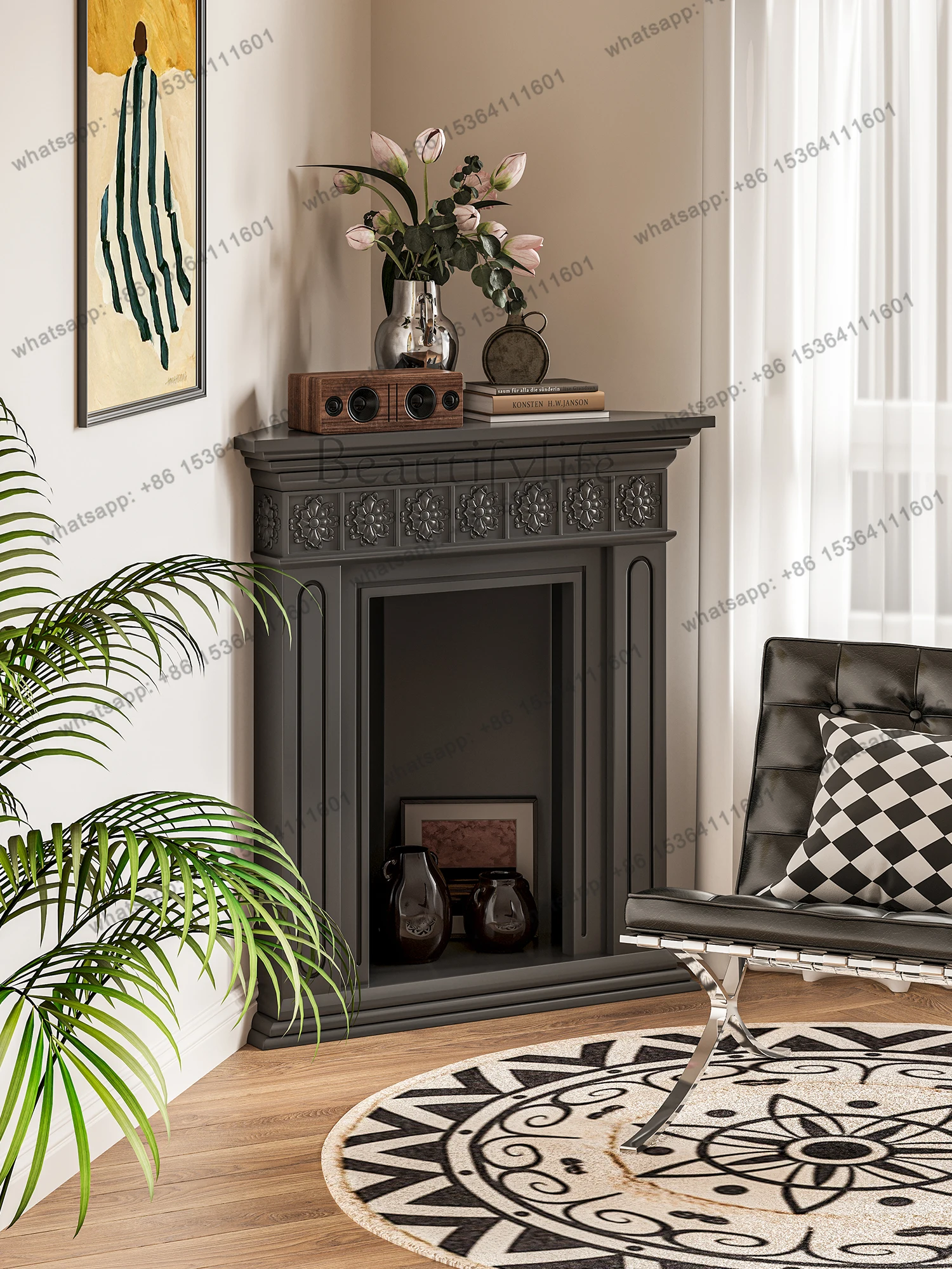 yj7 French simple triangular carved fireplace, living room entrance corner decoration, wall storage rack