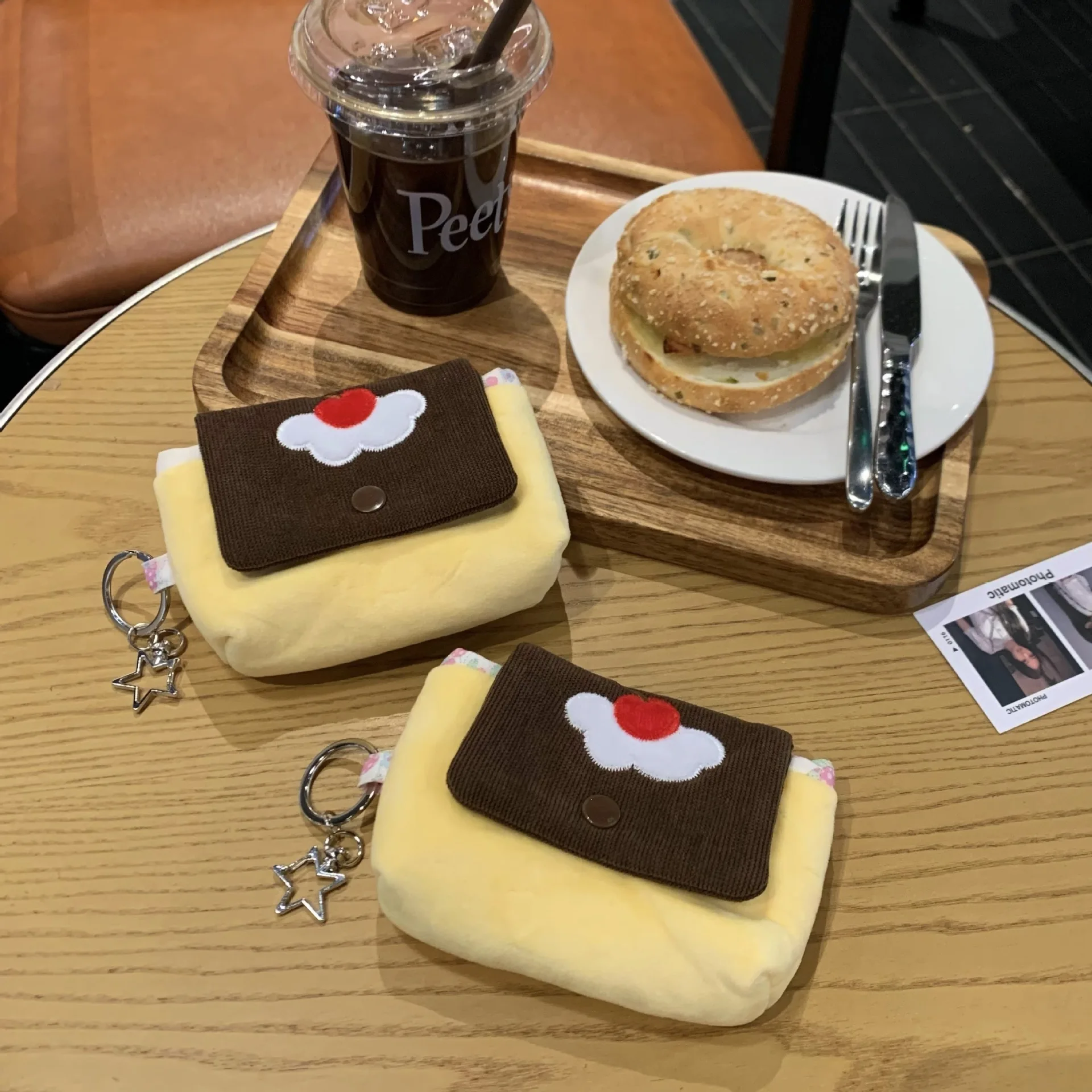 Multifunctional Small Pouch for Girls Cute Cherry Pudding Plush Coin Purse Mini Cartoon Portable Wallet for Cards Earphones Case