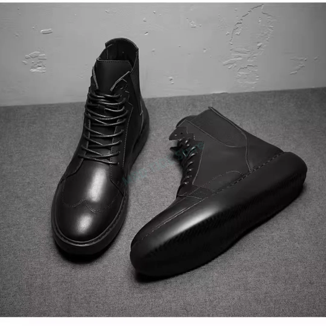 Brand Men Casual Shoes Genuine Leather Zip Lace Up High Top Man's Ankle Shoes Vintage Luxury Designers Gothic Fleece Wool Boots