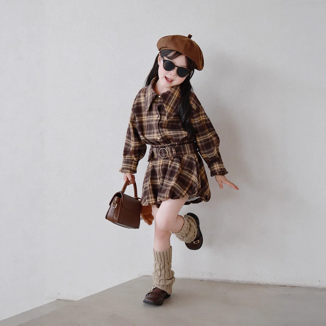 Mom Daughter Matching Outfits Plaid Shirt + Lantern Shorts Set with Belt 2PC Women Baby Girls Mother Family Couple Clothes