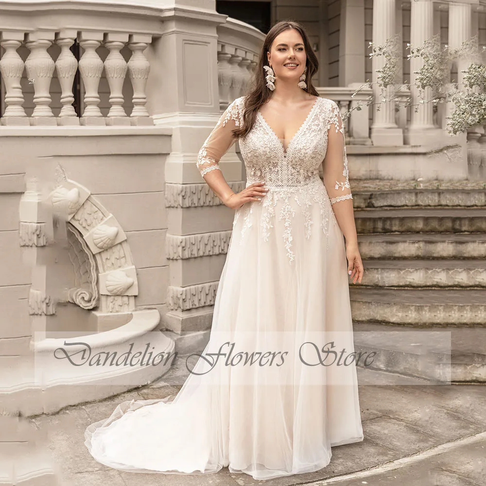 Vestidos De Novia bohemios con cuello en V para mujer, mangas 3/4, apliques De encaje, vestidos De Novia De tul, línea A, Vestido De tren De barrido personalizado