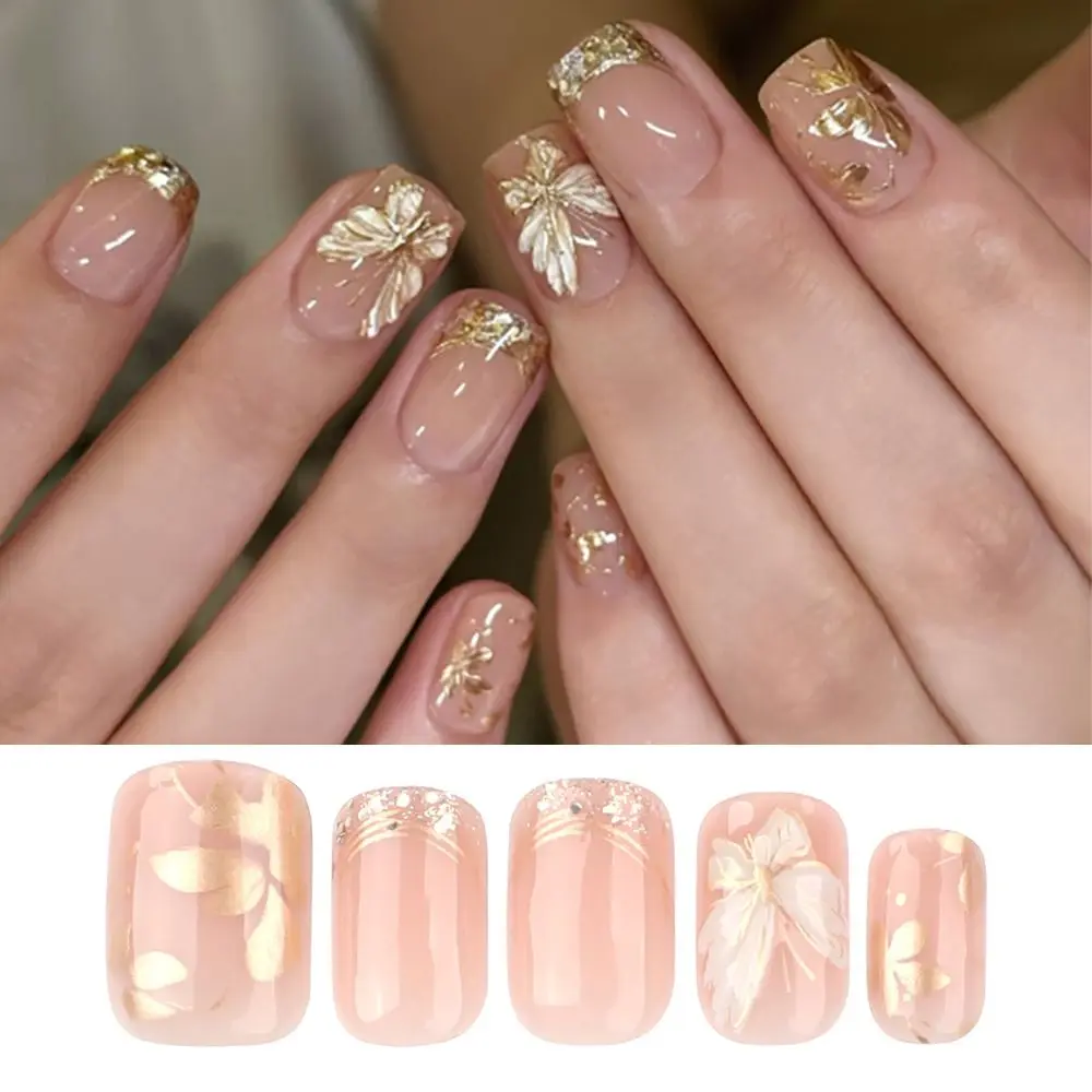 24pcs Manicure Square False Nails French Fake Nials Detachable Flowers Nail Tips Women