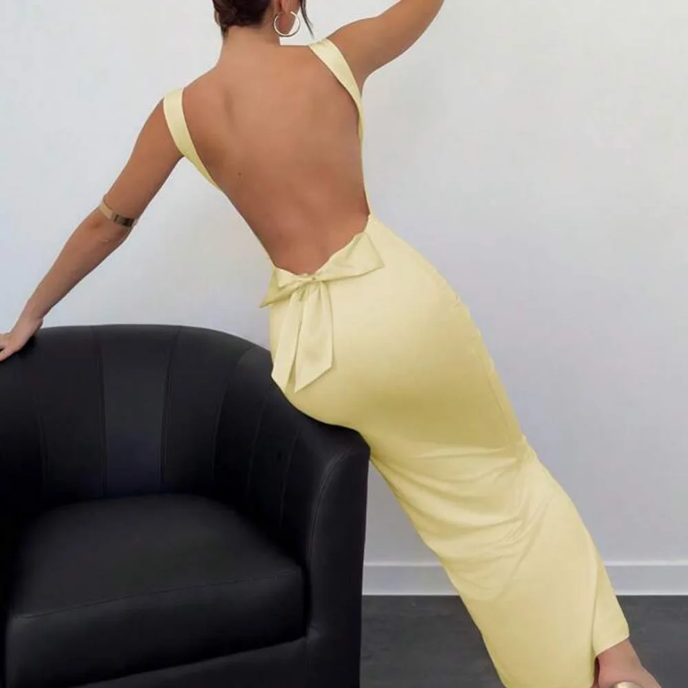 사용자 정의 A 라인 이브닝 드레스 차 길이 스퀘어 칼라 민소매 댄스 파티 드레스 간단한 Fsahion Backless Bow 캐주얼 파티 드레스