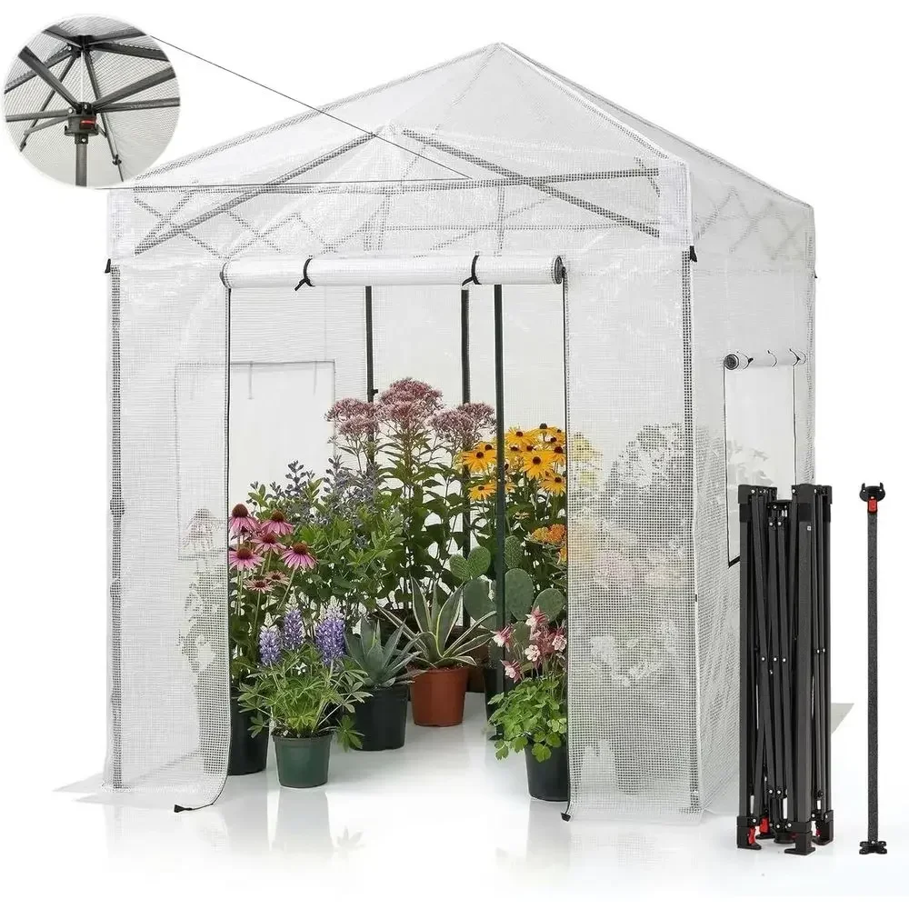 8x6 Portable Outdoor Greenhouse Kit with Center Lock, Roll-Up Door, Mesh Windows, Adjustable Height (White)