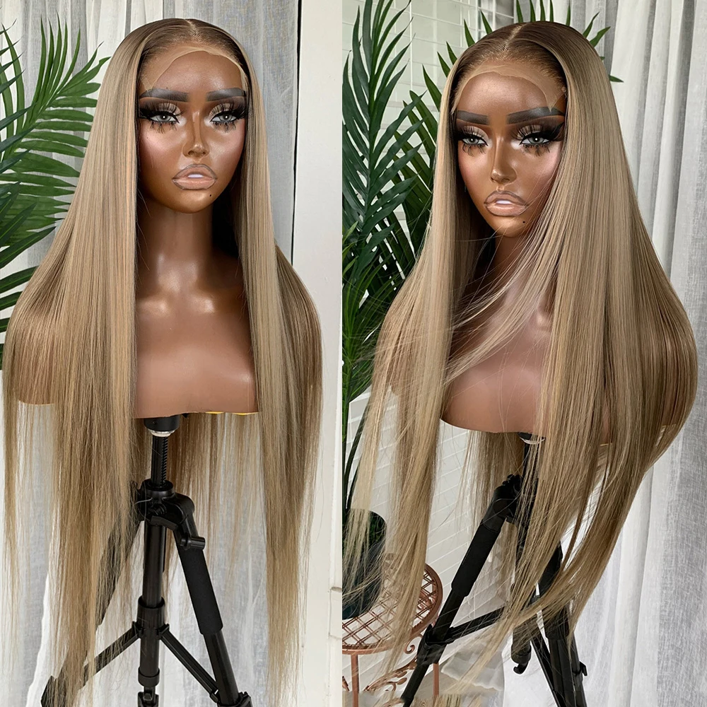 Ombre Ash Blonde Colored Straight 13x6 Lace Front Wig 13X4 Brazilian Human Hair Transparent Brown 4X4 Lace Closure Wigs