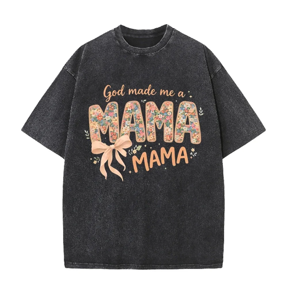 2026 Floral Fill Mama Letter Bow Graphic Black Acid Washed T Shirt God Made Me A Mama Mothers Day Casual Oversized Unisex Short