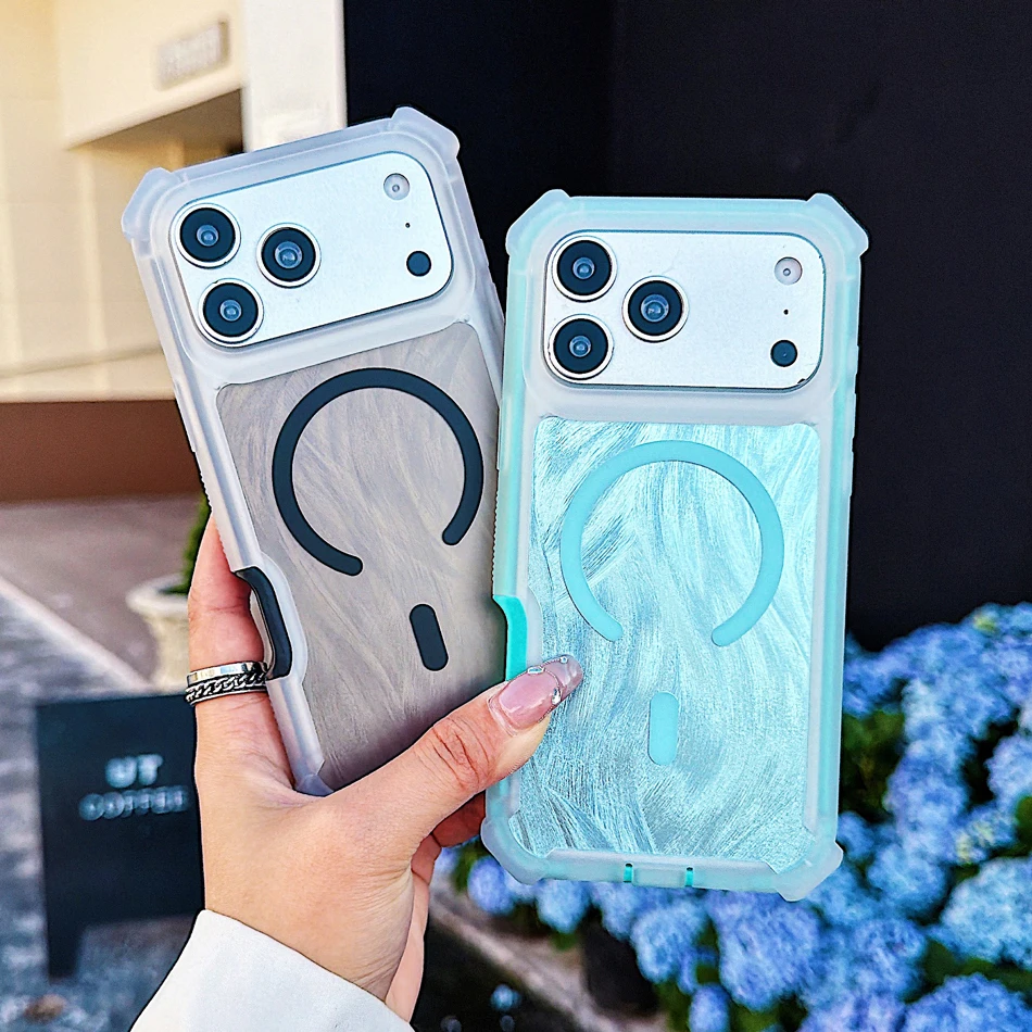 Magnetic Case For iPhone 17 Air 16 15 Pro Max Plus Air 14 13 Cases Laser Feather Pattern Wireless Charge Thick Shockproof  Cover view 2