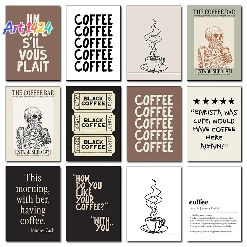 Minimal Coffee Cup Line Art Skeleton Coffee Bar Canvas Printing Poster Wall Art Picture for Kitchen Cafe Decor Coffee Lover Gift