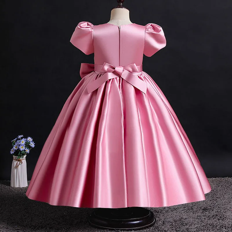 Robe de Rhen satin pour enfants, robes de demoiselle d'honneur avec grand nœud, bouffante, couleur unie, petite princesse, tout-petit, premier anniversaire