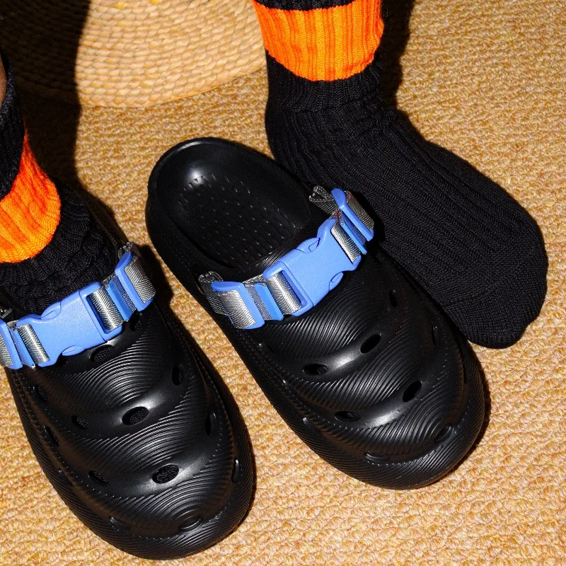 

Men's Black Platform Clogs Lightweight EVA Sandals with Adjustable Blue Buckle Strap Breathable Outdoor Beach Slippers