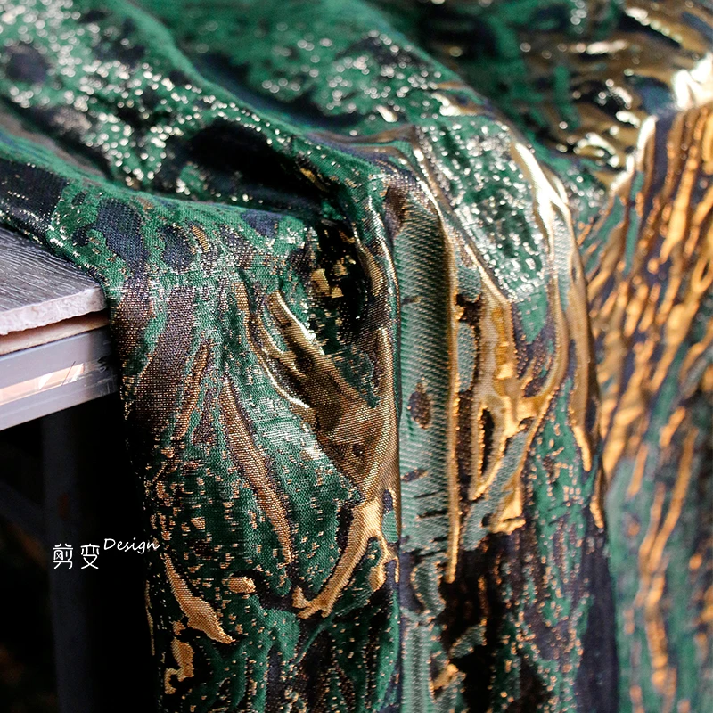 Retro Dark Green Three-Dimensional Texture Golden Striped Jacquard Embossed Fabric High-End Curtain Han Clothing