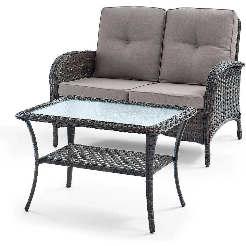 Outdoor loveseat bank 2-zits PE rieten buitenbank met salontafel, diepe stoel hoge rug buiten terrasmeubilair