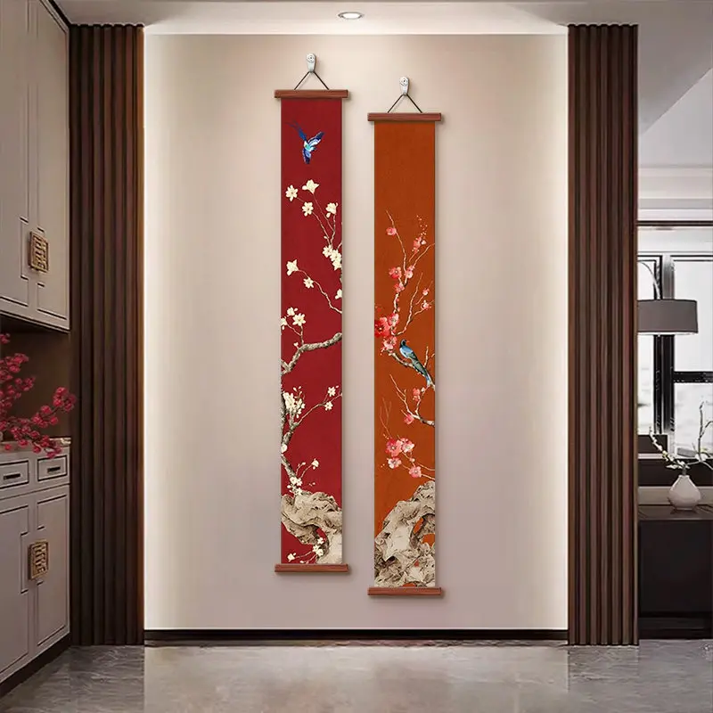 

Long Narrow Chinese Style Wall Art, Magpie & Plum Blossom Painting Vertical Scroll for Entryway Hallway & Corridor Decor