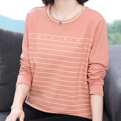 Spring and Autumn Women's Crew Neck Long Sleeved Striped Printed Loose Pullovers Plus Size Fashion Casual All-match Tops