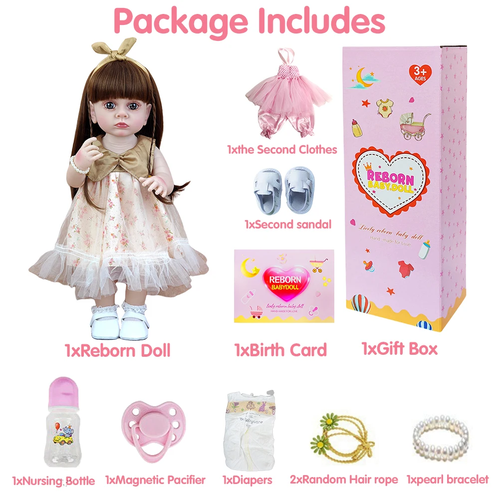 22 インチリアルなリボーン女の赤ちゃん人形 55 センチメートル手作り茶色の髪シミュレーション人形洗えるコンパニオンおもちゃ子供の日のギフト