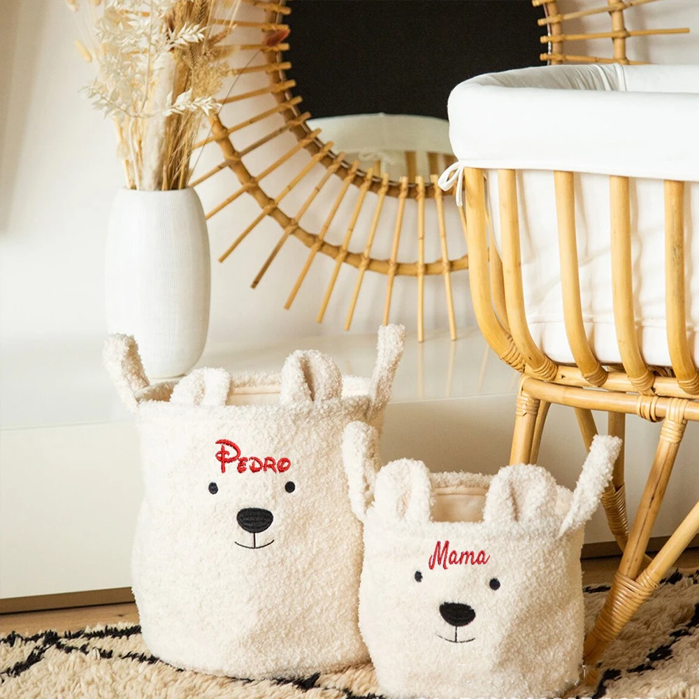 Customized Storage Basket Toy Snack Frame Dirty Cloth Basket Embroidered Bear Head Lamb Canvas Basket with Name Storage Gift Bag