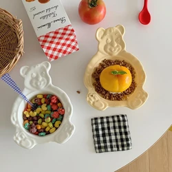 Korean Ins Style Retro Cute Bear Bowl Dessert Plate Ceramic Container Breakfast Vintage Bowl Oat Yogurt Salad Dish Cute Tray