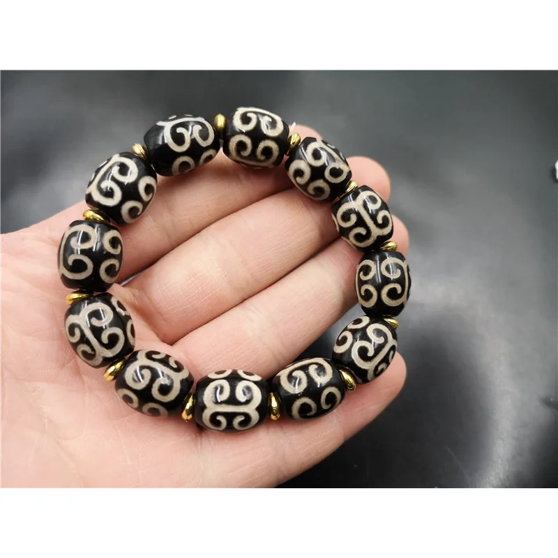 14mm Retro Distressed Three-Eye Dzi Ball Return Agate Bead Bracelet