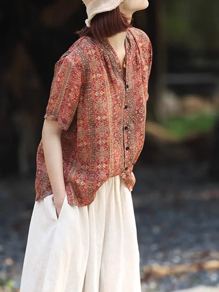 

Лето 2022, модный женский ort Sve, хлопок, лен, irt, с художественным винтажным принтом, повседневный, удобный, с v-образным вырезом, свободный крой