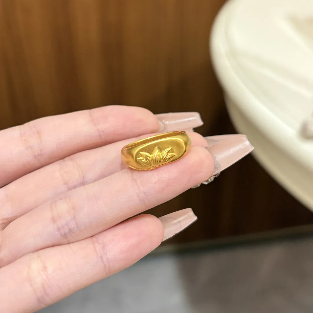 Retro antique gold craftsm embossed lotus flower rings for women simple fashion light luxurious ring adjustable high-end Jewelry