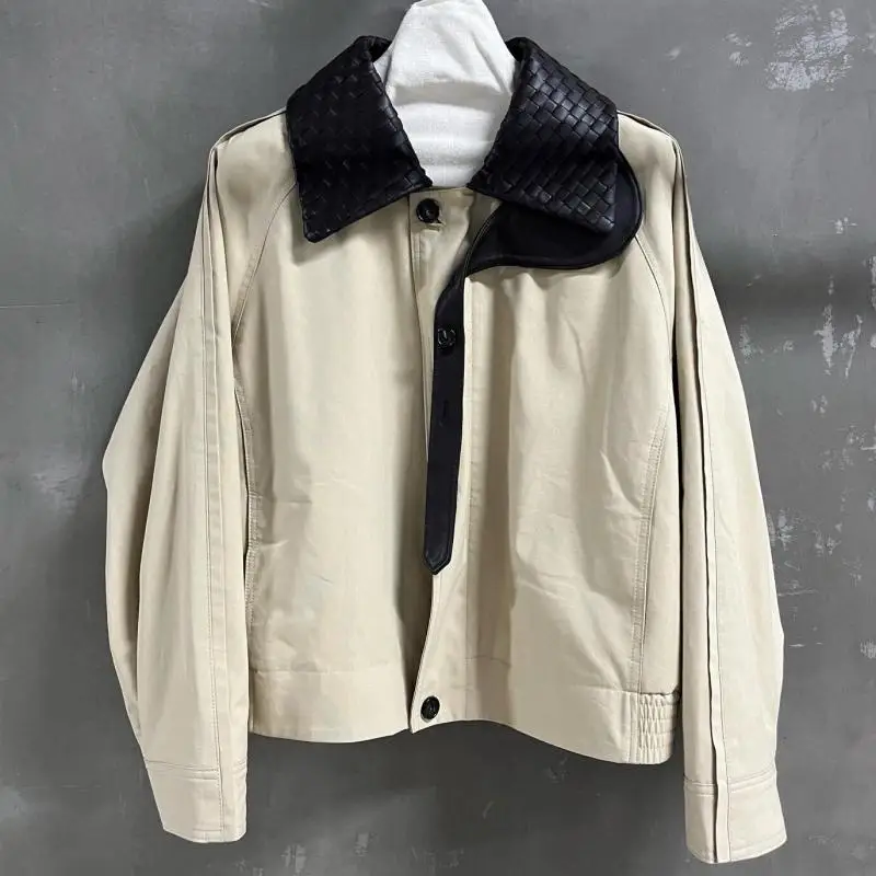 New Autumn And Winter Women's Barne Style Sheep Leather Woven Lapel Shoulder-drop Jacket Coat