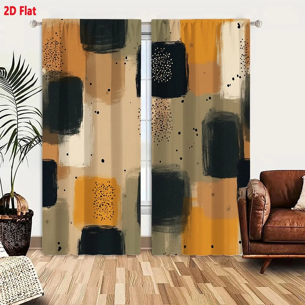 2Pcs Curtains 2D Flat Abstract Geometric Shapes Grid Mustard Yellow Beige Taupe Cream Charcoal Gray Hand Painted Texture Minimal