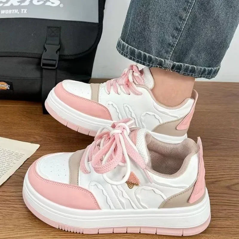 Women Platform Sneakers Breathable Leather Lace-up Casual Shoes Dopamine Dressing Sweet Girls Flatform Shoe Student Sports Shoes