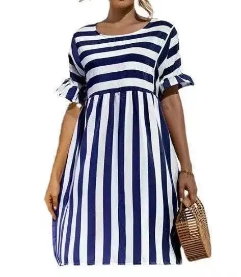 Women summer dress 2025 new summer striped round-neck loose patchwork mini dress vestidoes cheap clothing HFFSAL64137