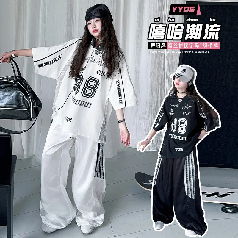 

Летние свободные кружевные кружевные крутые футболки с короткими рукавами и цифровой печатью для девочек + свободные повседневные брюки, модный спортивный костюм в стиле хип-хоп