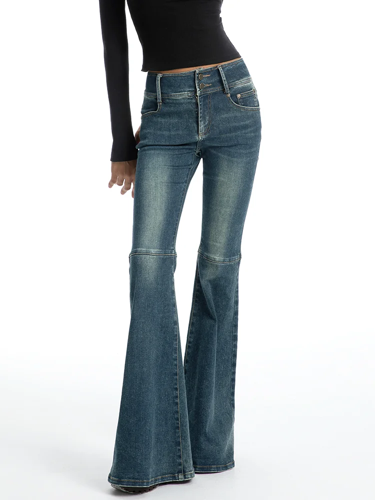 Retro American Denim Jeans Women's Blue Washed Slimming High Waist Bell Bottom Pants ABMY Cotton Stretch Denim Skinnies