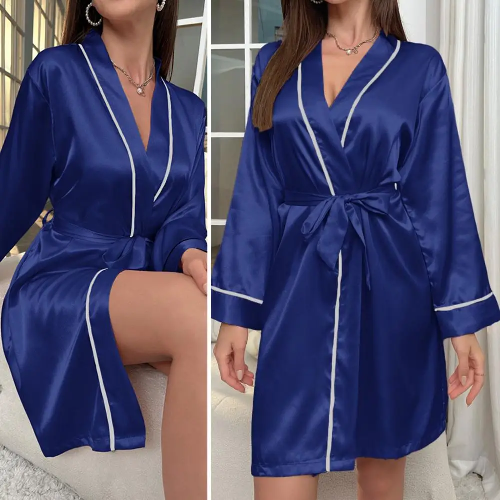 Camisola elegante com renda para mulheres, vestido de cetim manga comprida com decote em V, pijama de casa, verão