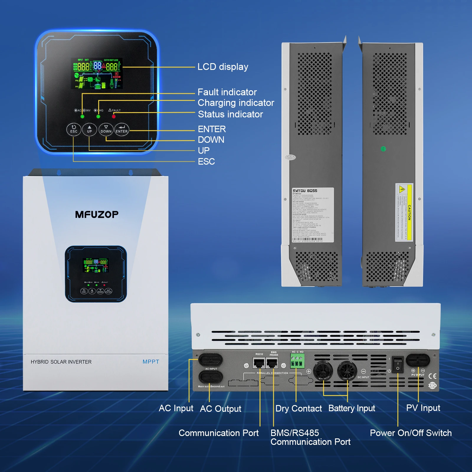 DATOUBOSS 48V 8500W MPPT Hybrid Solar Inverter Pure Sine Wave 110/120V US Standard Off-Grid PV Energy Storage for Home view 4