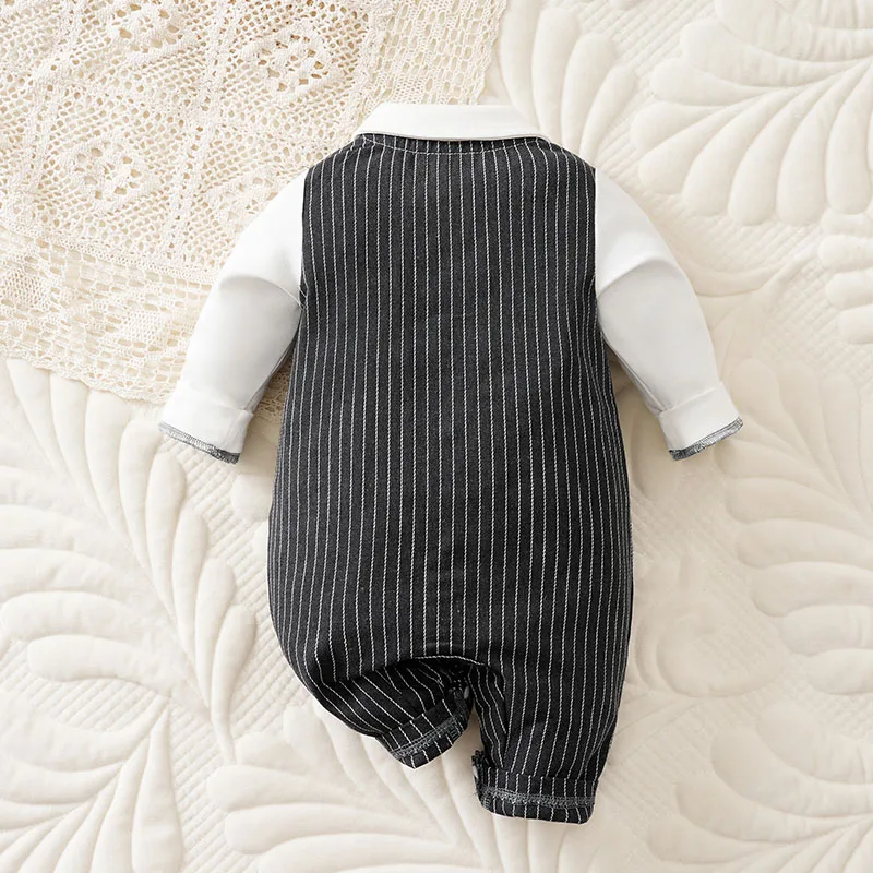 الخريف 100% القطن 0-18 أشهر الوليد محبوك العمودي شريط رمادي داكن ملابس أطفال نيسيي شهم بوي الطفل بذلة كول