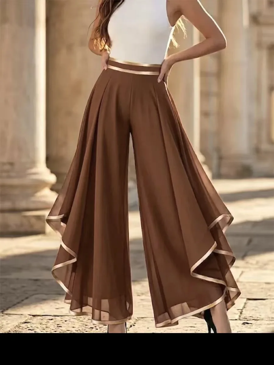 2026 New Irregular Western Style Amazon Fashion Spliced Rolled Hem Layered Chiffon High-Waisted Women's Casual Wide-Leg Pants