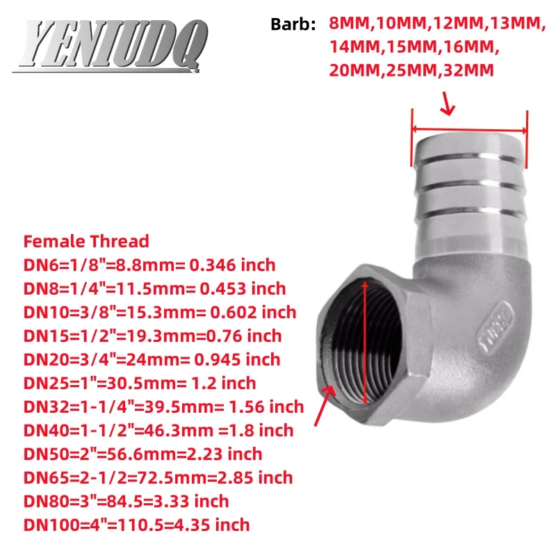 Złączka kolankowa 1/8 "1/4" 3/8 "1/2" BSP gwint żeński na Barb złączki redukcyjne ogon węża wiele rozmiarów stal nierdzewna 304 — zdjęcie 6
