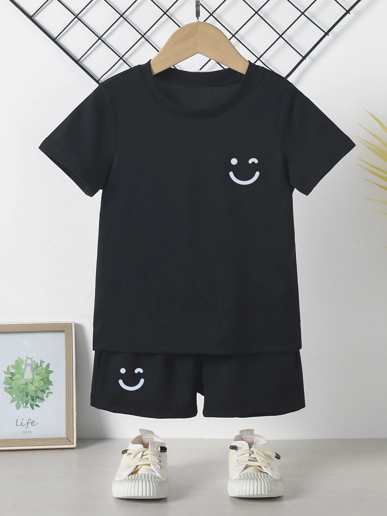 Summer Boy Happy Face Casual Short-sleeved Children's  Pants Suit