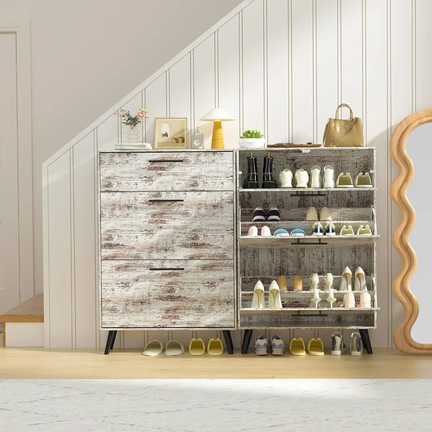 خزانة أحذية ضيقة للمدخل مع درجين قابلين للطي، خزانة أحذية قائمة بذاتها للمزرعة، منظم أحذية خشبي نحيف #3