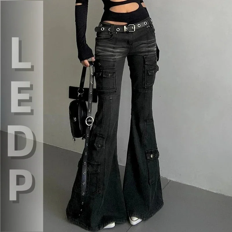 IMU Acubi Fashion Black Flare Jeans Retro Whiskers Skinny Stretch Low Rise Pockets Cargo Pants Women Grunge Alt Streetwear