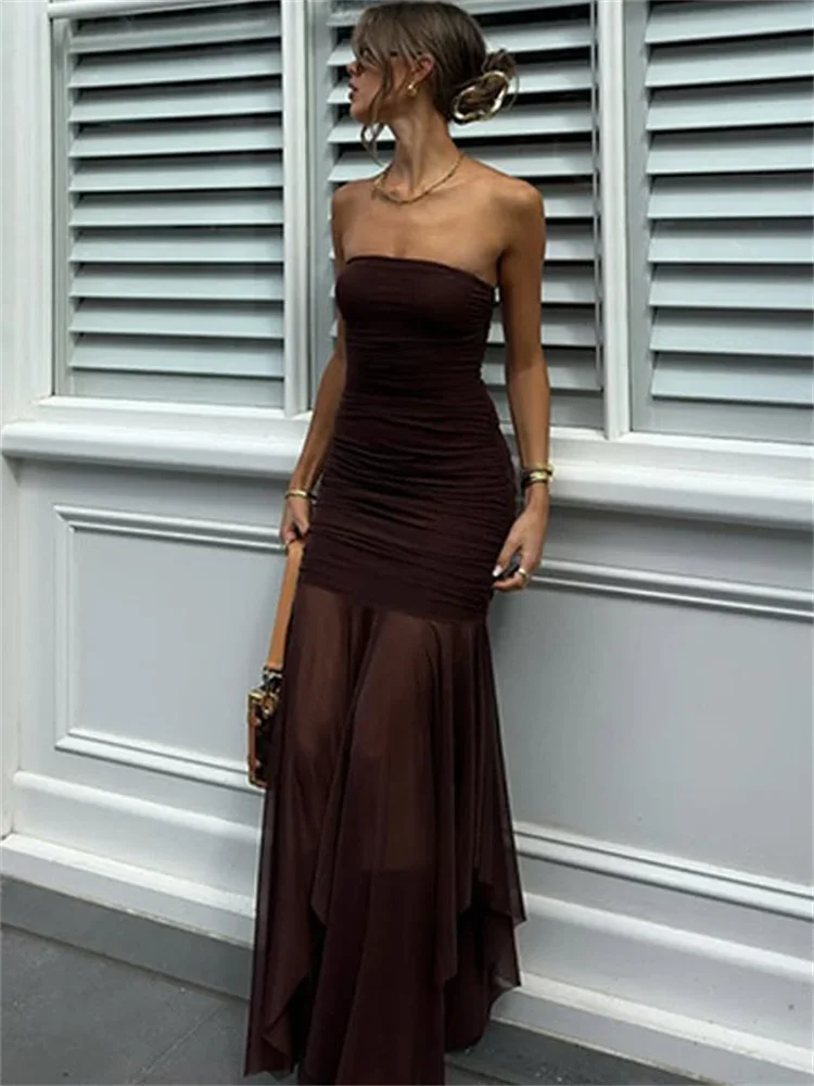 

Mesh Fashion Summer Maxi Dress For Women Slim Patchwork Backless High Waist Ruffled Party Dress Female Bodycon Dress 2025