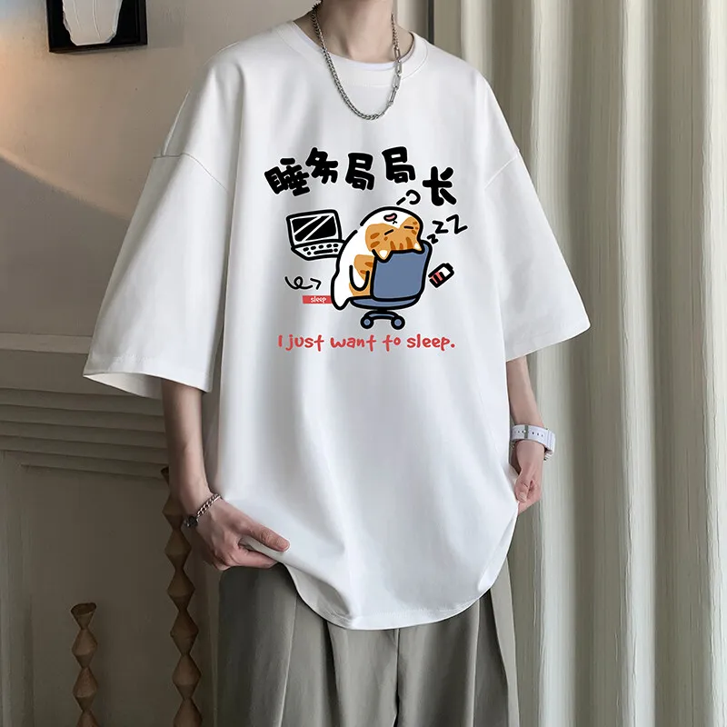 

Men's Cotton T-shirts White 5XL Men Oversized T Shirt Fashion Cat Print Summer Casual Wear Tee Shirts Big Size Male Clothes